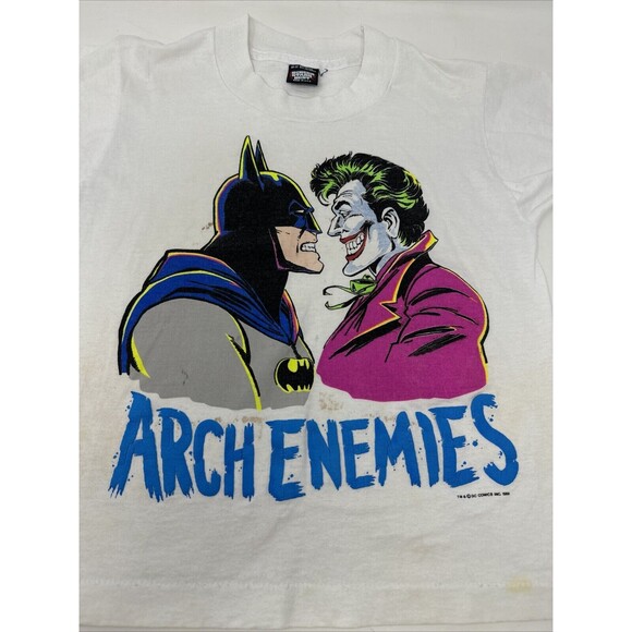Vintage 1989 Arch Enemies Batman v Joker T Shirt Size 10-12 White DC Comics 80s - Picture 2 of 13